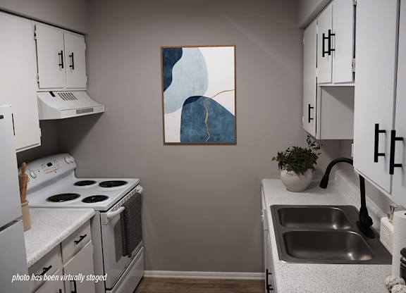 A kitchen with a stove, sink, and cabinets.