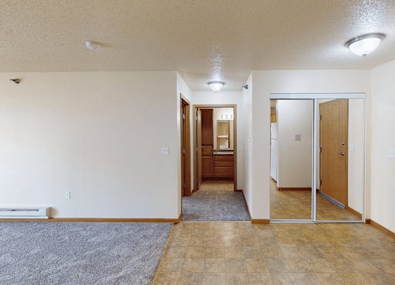 A room with a carpet and a wooden floor.