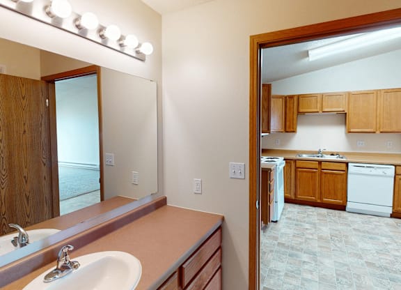 A bathroom with a vanity and a mirror.