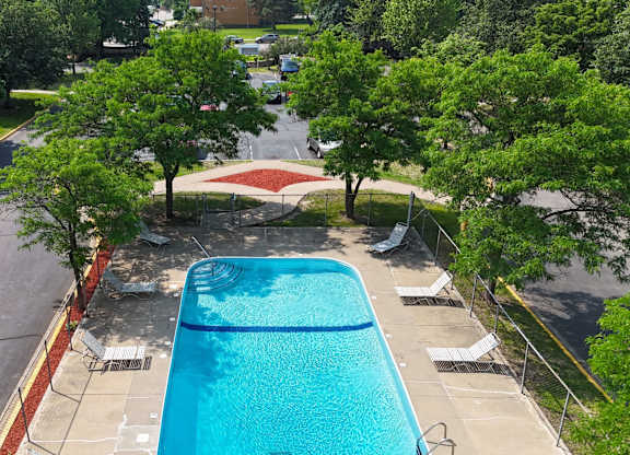 A swimming pool surrounded by trees and a parking lot.
