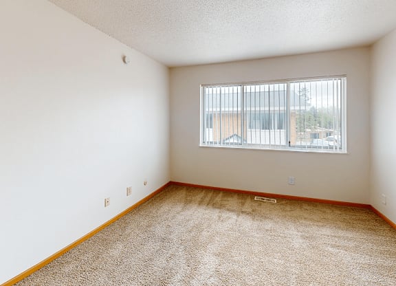 A room with a carpeted floor and a window with blinds.