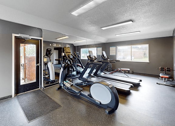 A gym with treadmills, exercise bikes, and other equipment.