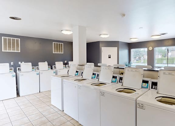 A laundromat with rows of washers and dryers.