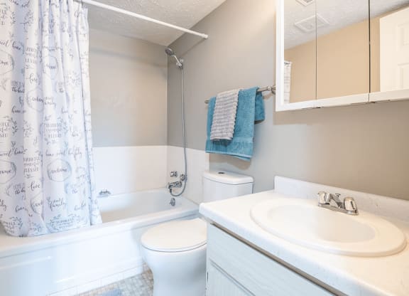 a bathroom with a sink toilet and bath tub and a shower curtain