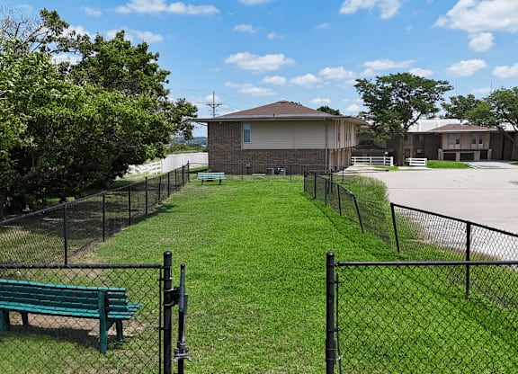 A green bench sits in front of a black fence.