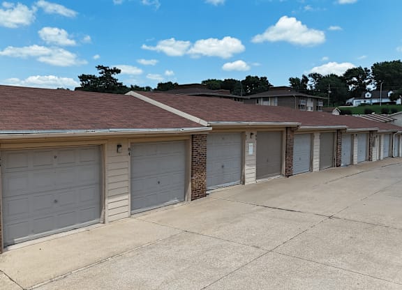A row of garage doors are closed.