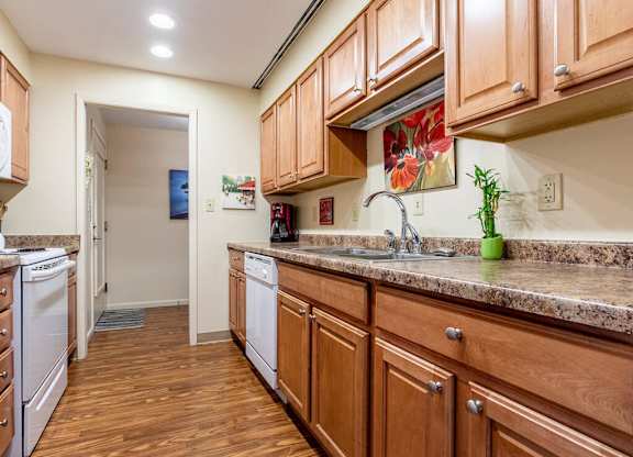 A kitchen with wooden cabinets and a granite countertop.