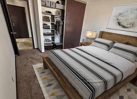 a bedroom with a bed and a closet