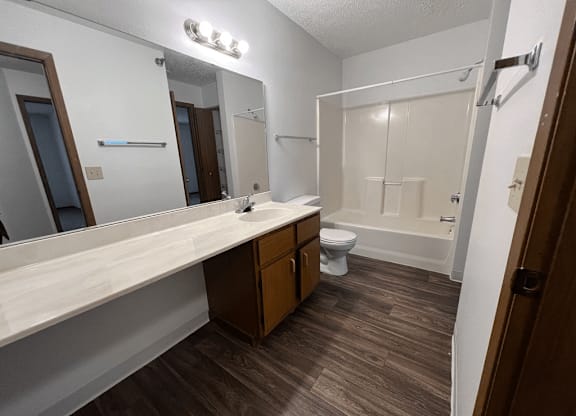 A bathroom with a toilet, sink, and mirror.
