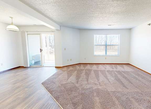 A room with a rug on the floor and a door leading to a balcony.