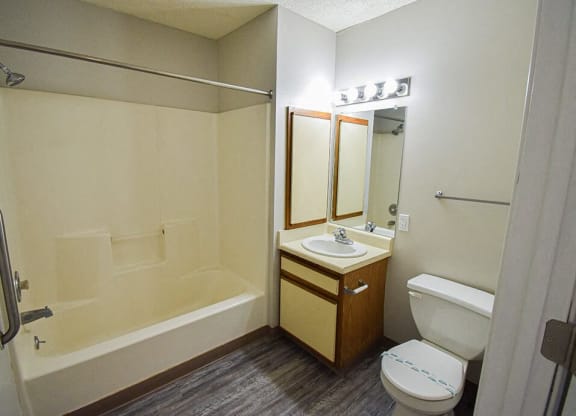 bathroom with bathtub and under sink storage