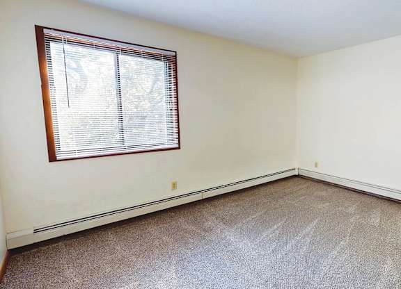 A room with a window and carpeted floor.