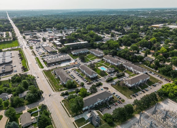 an aerial view with many buildings and trees