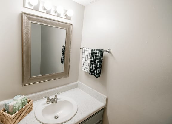 A bathroom with a white sink and a mirror above it.