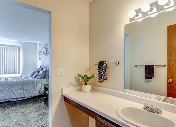 A bathroom with a bedroom view, a bed, a sink, a mirror, and a potted plant.