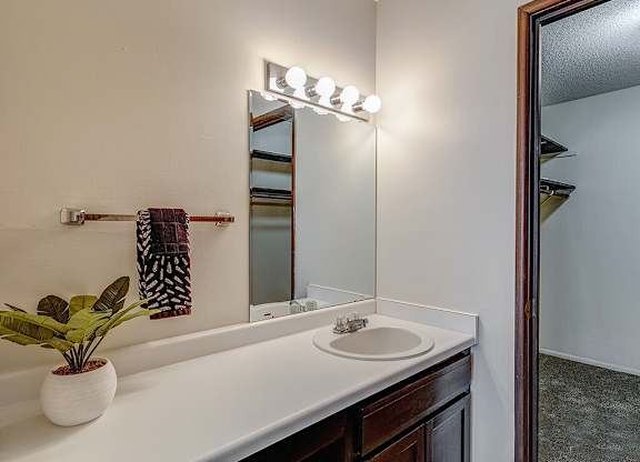 A bathroom with a white sink and a mirror above it.