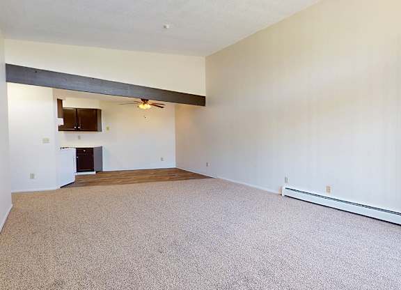 A large empty room with a carpeted floor and a ceiling fan.