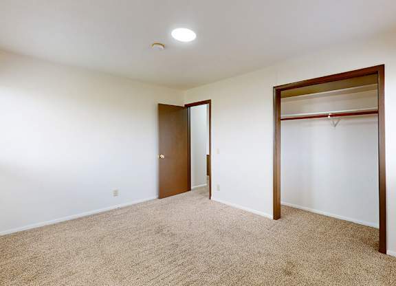 A room with a carpeted floor and a brown door.