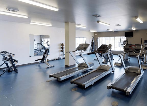 a gym with treadmills and other exercise equipment
