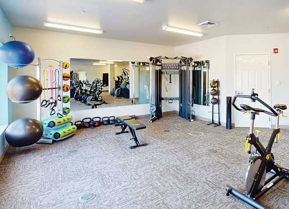 An exercise room with weights at The Plaza Apartments.