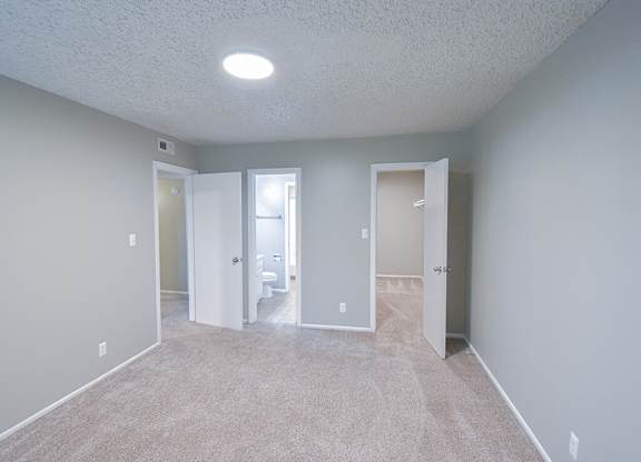 A room with carpeted floor and three open doors.