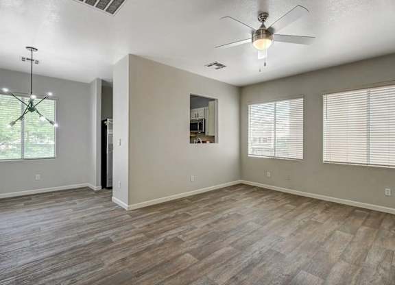 A spacious room with a ceiling fan and wooden flooring. at Habitat @ DTLV, Las Vegas, NV, 89106