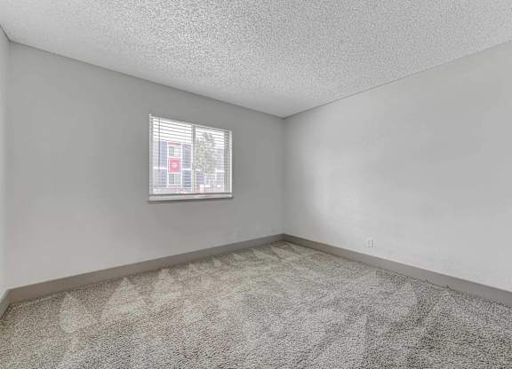 A room with a carpeted floor and a window showing a street view.