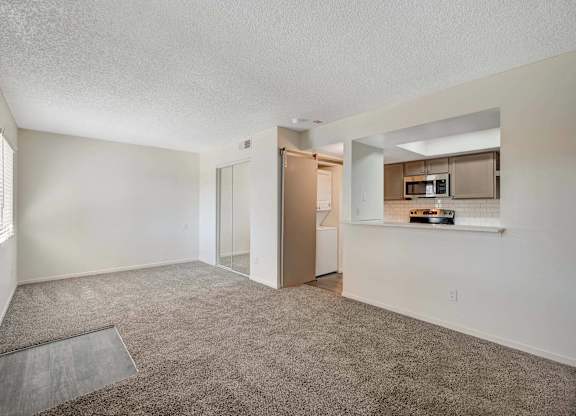 A spacious living room with a carpeted floor and a kitchen area in the background.