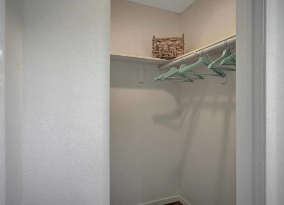 A white closet with a basket on the shelf and a green hanger.