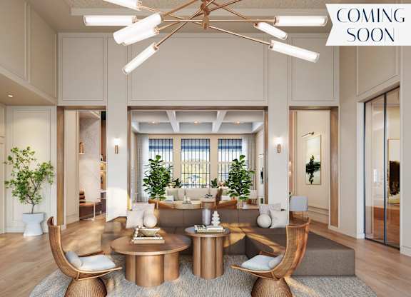 A modern living room with a large window and a "Coming Soon" sign.