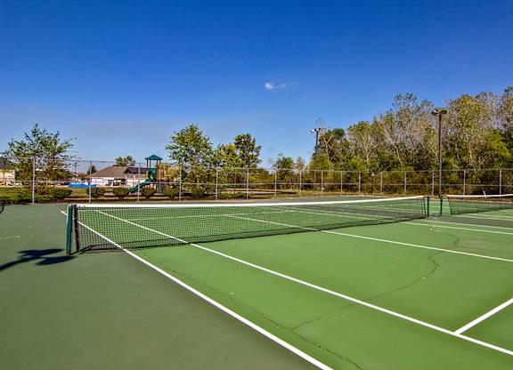 A tennis court with a net and trees in the background.
