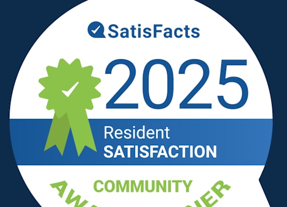 A badge indicating a Satisfacts 2025 Resident Satisfaction Community Award Winner.