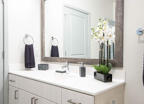 A bathroom with a white counter and a mirror. at Elevate Apartments, Wisconsin