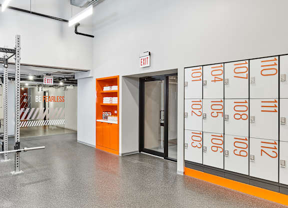 the locker room at the gym with lockers and equipment  at The Kent, Chicago, 60614