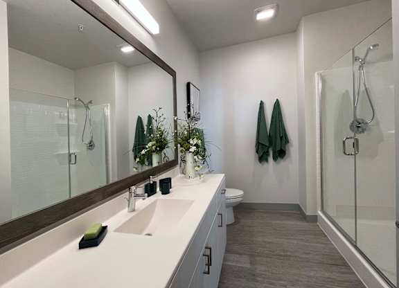 a bathroom with a large mirror and a sink and a shower at 42 Hundred On The Lake, Wisconsin, 53235