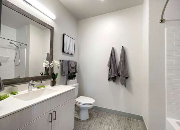 a bathroom with a sink and a toilet and a mirror at 42 Hundred On The Lake, St Francis, WI