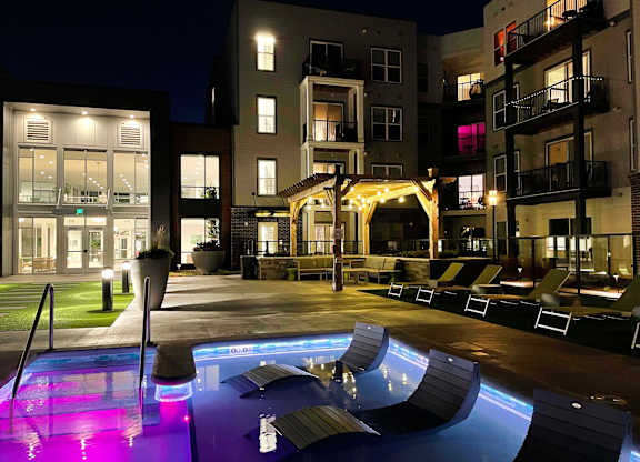 pool is lit up at night at 42 Hundred On The Lake, Wisconsin