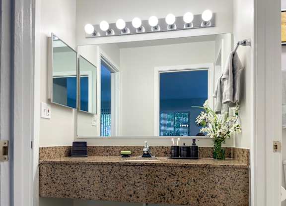 a bathroom with a counter with a mirror and a sink at Fieldpointe of Schaumburg, 60173