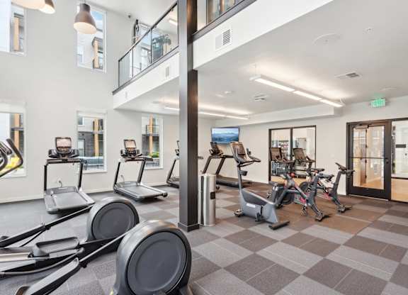 A gym with treadmills, elliptical machines, and a bicycle.