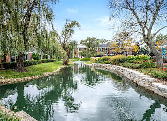 A serene pond surrounded by lush greenery and trees.