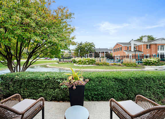 A view of a courtyard with a table and chairs and a potted plant.