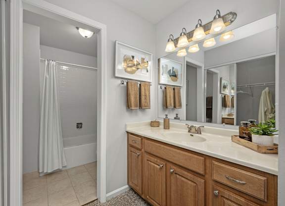 A bathroom with a white sink and a mirror.