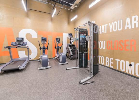 A gym with a variety of equipment including treadmills, rowing machines, and weight machines.