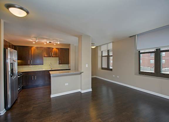 Living and kitchen area at The Shelby, Chicago, IL