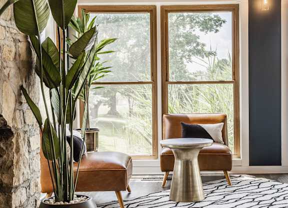 A living room with a large window and a plant in a pot.