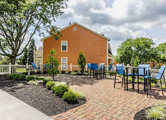 Outdoor patio featuring tables surrounded by chairs and lush greenery.