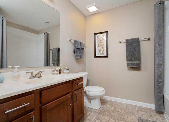 A bathroom with a toilet, sink, and mirror.