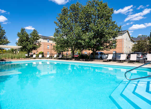 A swimming pool with a blue tiled edge and a white ladder on the right side.