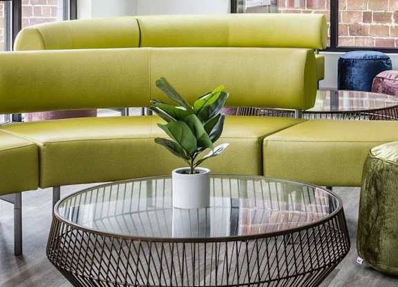 A green sofa with a glass table in front of it.