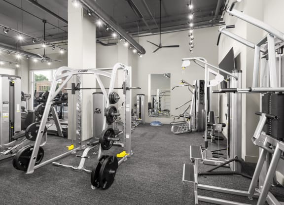 A fitness center at Madamore Apartments with workout machines, ceiling fans, and lights.